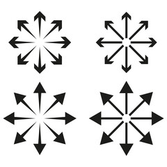 Eight black arrows. Direction pointer set. Radial Vector symbol. Simple navigation icon.