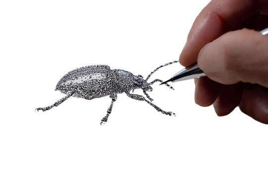 Hand drawing a beetle with stippling technique isolated on transparent background