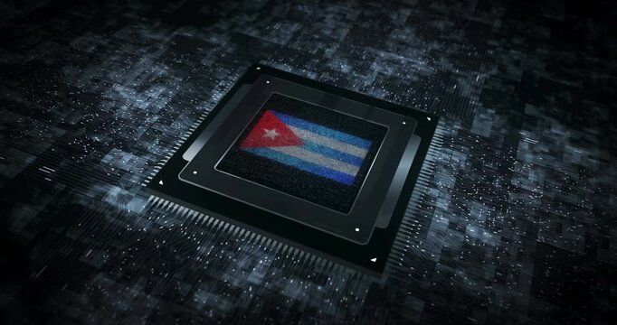 Cuba flag on computer cpu. Cuban banner digital and cyber technology concept animation.