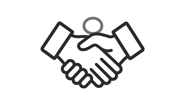Black and white line art of a handshake with a gray circle hovering between the two hands over the joining area