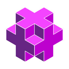 Fototapeta premium Isometric cube shape. Abstract geometric form. Purple color Vector tile. Spatial puzzle element.