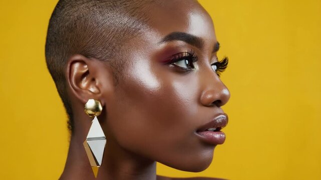 Beautiful young african woman with a buzz cut and flawless glowing skin. Sequence of a beauty portrait showing professional makeup and modern earrings against a yellow background