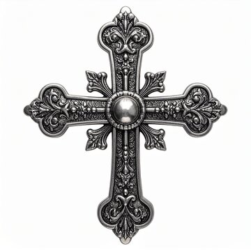 Decorative vintage silver filigree cross with a monogram design. Close-up on a clean white isolated background, perfect for design and historical themes.