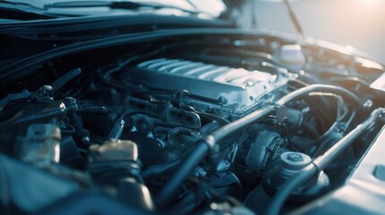 minimalistic bright shot of an engine bay during winter diagnostics, soft cool tones, clean layout, technical automotive inspection style
