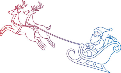 Outline drawing of santa claus riding a sleigh pulled by two reindeer, isolated on white background