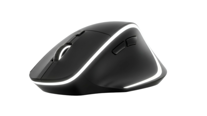 A sleek, ergonomic black computer mouse with glowing white trim, isolated on black