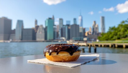 A chocolate frosted donut with nuts sits on a napkin with the Lower Manhattan skyline of New York City in the background.