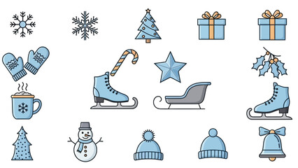 Winter holiday icons: snowflakes, tree, gifts, skates, and more.