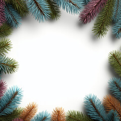 Colorful Christmas Pine Branch Frame on White Background with Copy Space