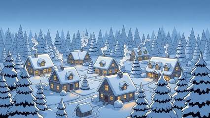 A cozy cartoon village nestled in a snowy evergreen forest at dusk, with warm lights glowing from the windows.