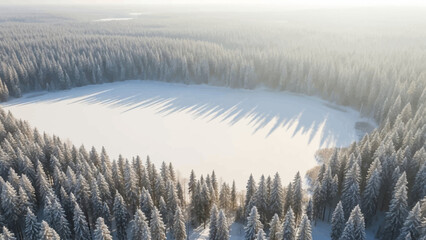 Aerial drone view of a frozen lake surrounded by a snowy winter forest with long tree shadows.