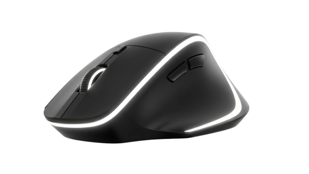 A sleek, ergonomic black computer mouse with glowing white trim, isolated on black