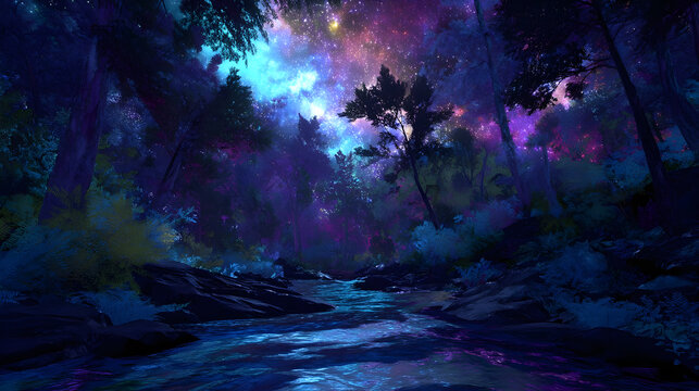 Fantasy forest river under a vibrant starry galaxy night sky