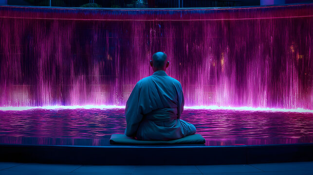 Monk meditating in front of illuminated waterfall at night