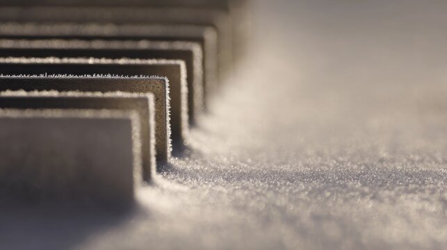 minimalistic macro of radiator core with thin frost layer, precise metallic structure, bright soft lighting, technical winter scene