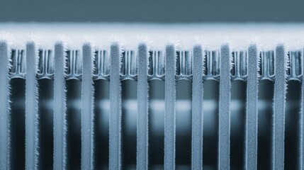 minimalistic macro of radiator fins with a touch of frost, precise detail, soft bright lighting, clean mechanical structure, technical winter mood