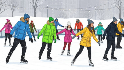 Group of people ice skating on an outdoor rink in winter, wearing colorful jackets.
