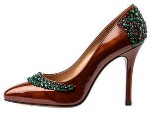 stylish Brown Crystal Heel Shoe Front Angle with Elevated Toe, 3D Render, Isolated PNG