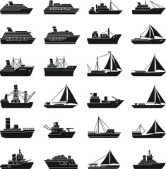Ship icons, boat silhouettes, black style, cruise, cargo, sailboat, fishing, yacht, military vessel, maritime, grid, collection, nautical, transport, watercraft, graphic design, marine, sailing, v