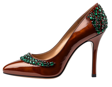 stylish Brown Crystal Heel Shoe Front Angle with Elevated Toe, 3D Render, Isolated PNG