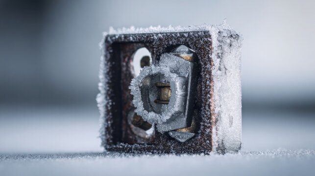 minimalistic macro of thermostat connector with winter frost, bright lighting, detailed metal textures, clean automotive look