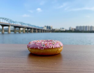 A pink frosted donut with colorful sprinkles resting on a wooden surface with a scenic city river and bridge in the background.
