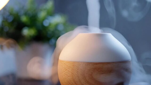 A small vase with a white base sits on a table next to a potted plant. The vase is made of wood and has a simple design. Concept of calm and relaxation, as the vase