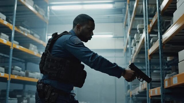African american male police officer in tactical gear on a mission in a warehouse. Armed special agent with a handgun clearing an industrial storage facility during a raid
