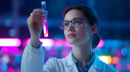 Female scientist researching new formula in futuristic lab
