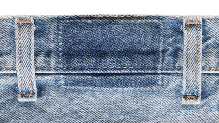 Denim blue jeans removed brand label tag patch traces, large detailed isolated blank empty textured horizontal background macro closeup, old worn garment farbric pattern backdrop