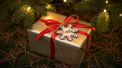 A wrapped silver gift with red ribbon and snowflake tag sits under a lit Christmas tree