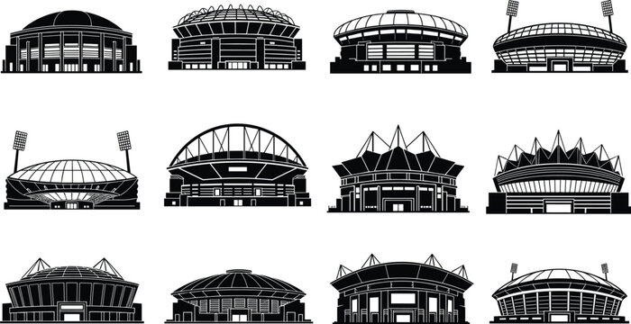 Stadium silhouette, sports arena, black vector, architectural icon, event venue, dome structure, floodlight design, modern stadium, arena illustration, sports infrastructure