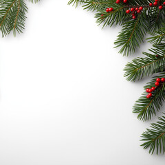 Christmas Pine Branch Frame with Red Berries on White Background