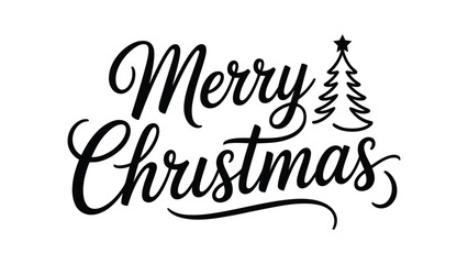 Fototapeta premium Merry Christmas hand drawn calligraphy lettering vector with cute decorated star pine tree icon; holiday typography for greeting cards, t-shirts, and posters.