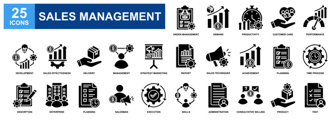 Sales Management icon set collection. Containing design Demand, Customer Care, Delivery, Achievement, Planning