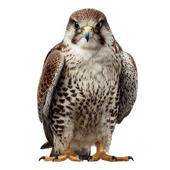 Fototapeta premium Png of front view of a beautiful laggar falcon isolated on transparent background, showcasing its majestic plumage and sharp gaze
