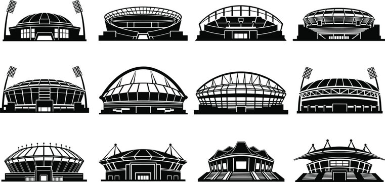 Stadium silhouette, sports venue, black vector, architectural icon, arena design, dome structure, floodlight tower, event infrastructure, stadium illustration, sports facility