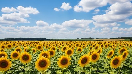 Endless field of sunflowers under a bright blue sky with fluffy white clouds