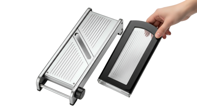 A mandoline slicer with a detached blade guard, hand positioning the guard