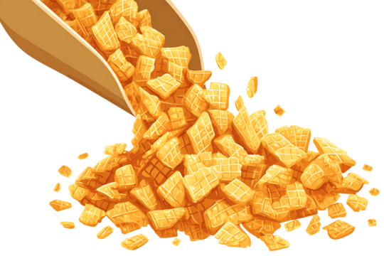 Golden waffle squares cascading from a wooden scoop isolated on transparent background
