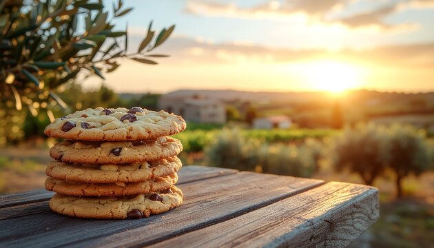 A delicious stack of chocolate chip cookies on a rustic wooden table during a beautiful golden sunset.