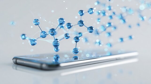 Ultra detailed glossy blue molecular chain hovering above a sleek smartphone, futuristic holographic lines connecting atoms, soft white background