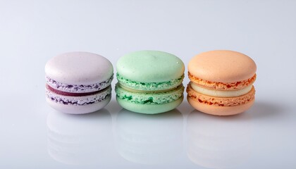 Obraz premium Three colorful French macarons in pastel shades of purple, green, and orange on a white reflective background.