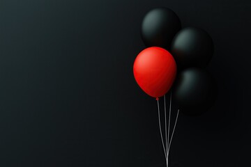 Red and black balloons on dark background symbolizing diversity individuality creativity or holiday celebration concept for festive events