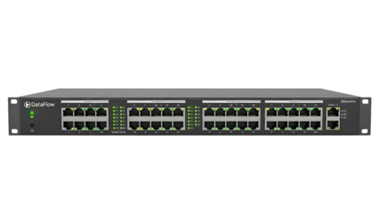 Front view of a dark gray network switch with numerous Ethernet ports and status lights
