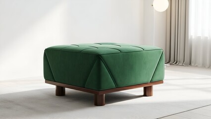 A plush, emerald green ottoman with wood legs, bathed in soft light in a minimalist room