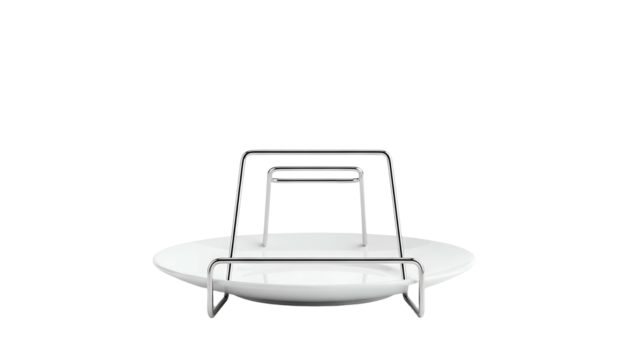 White plate on a stand. Reflective metal frame with a circular shape, isolated on black