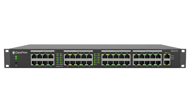 Front view of a dark gray network switch with numerous Ethernet ports and status lights