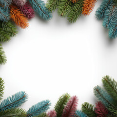 Colorful Christmas Pine Branch Frame on White Background with Copy Space