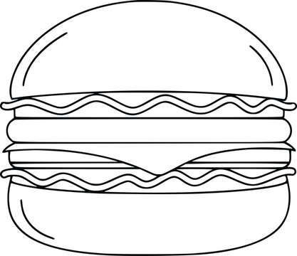 Illustration of a delicious burger with cheese and meat, perfect for coloring books or educational materials